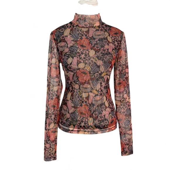 Anthropologie Tops - Anthropologie Floral Sheer Overlay Mock Neck Office Siren Blouse Top Size XS